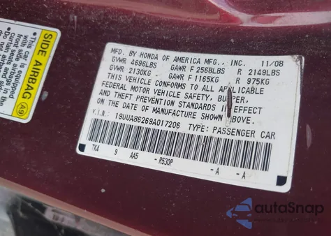 2009 Acura Tl 3.5 from USA, damaged, VIN 19UUA86269A017206